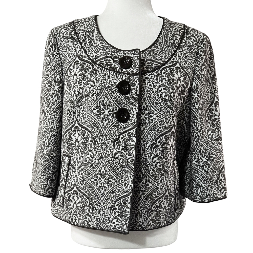 Ann Taylor Brown White Damask Cropped Collarless Button-Up Jacket Office